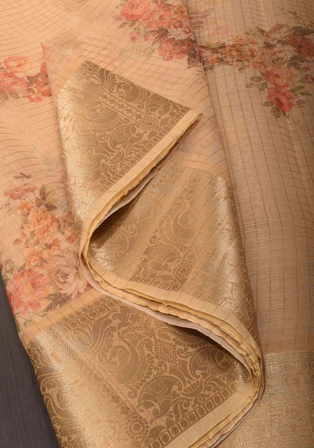 Checks Pure Organza Silk Saree in Dark Beige with Floral Digital Print and Zari Border| SILK MARK CERTIFIED