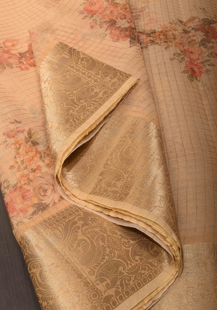 Checks Pure Organza Silk Saree in Dark Beige with Floral Digital Print and Zari Border| SILK MARK CERTIFIED