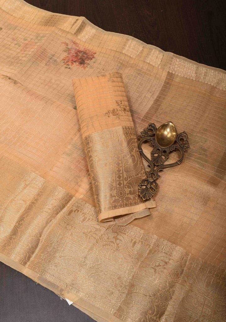 Checks Pure Organza Silk Saree in Dark Beige with Floral Digital Print and Zari Border| SILK MARK CERTIFIED