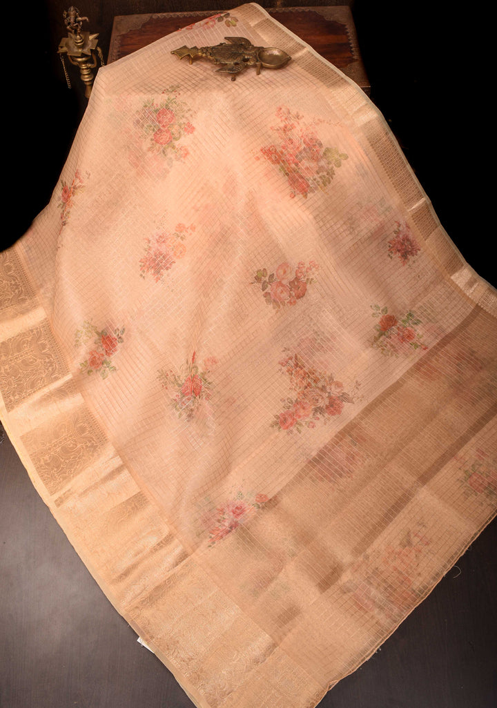 Checks Pure Organza Silk Saree in Dark Beige with Floral Digital Print and Zari Border| SILK MARK CERTIFIED