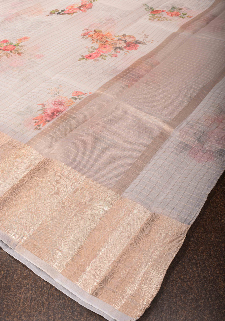 Checks Pure Organza Silk Saree in Gray with Floral Digital Print and Zari Border | SILK MARK CERTIFIED