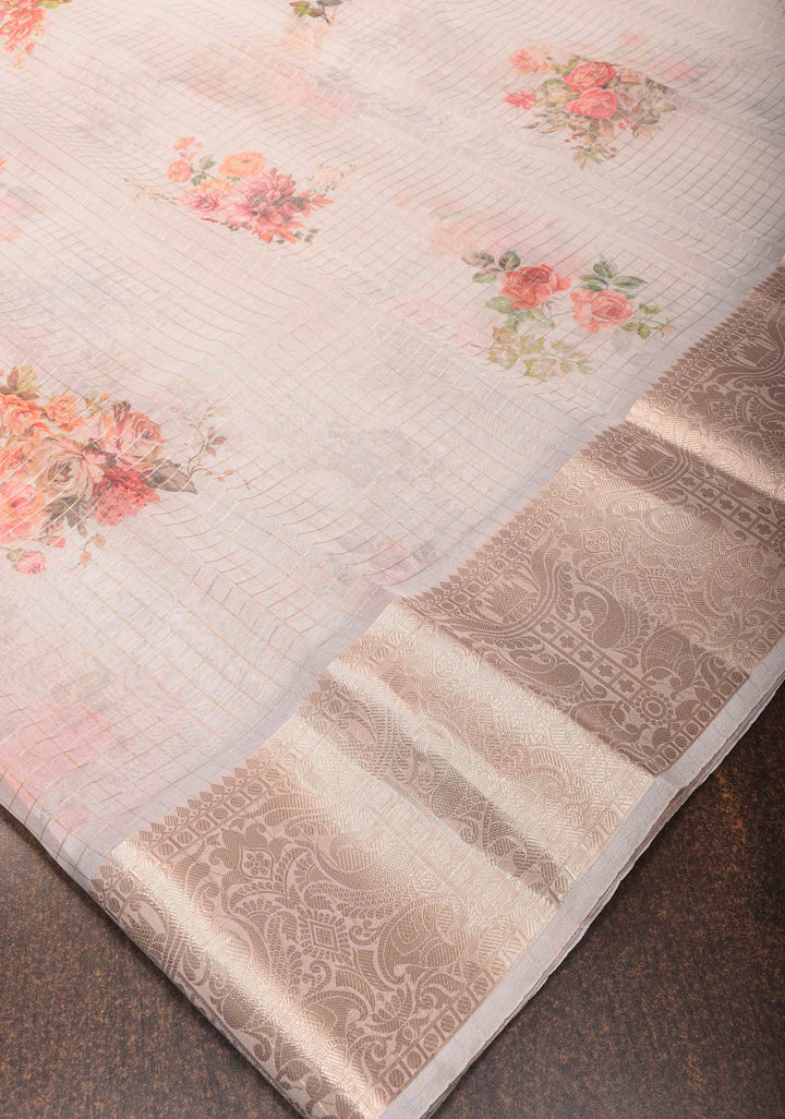 Checks Pure Organza Silk Saree in Gray with Floral Digital Print and Zari Border | SILK MARK CERTIFIED