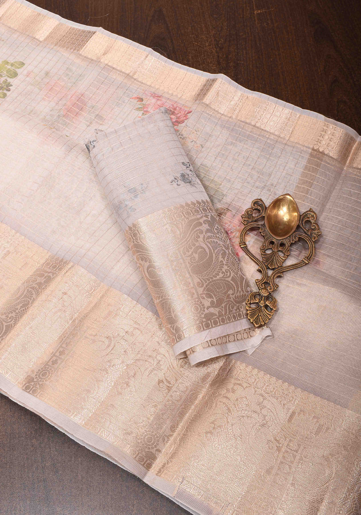 Checks Pure Organza Silk Saree in Gray with Floral Digital Print and Zari Border | SILK MARK CERTIFIED