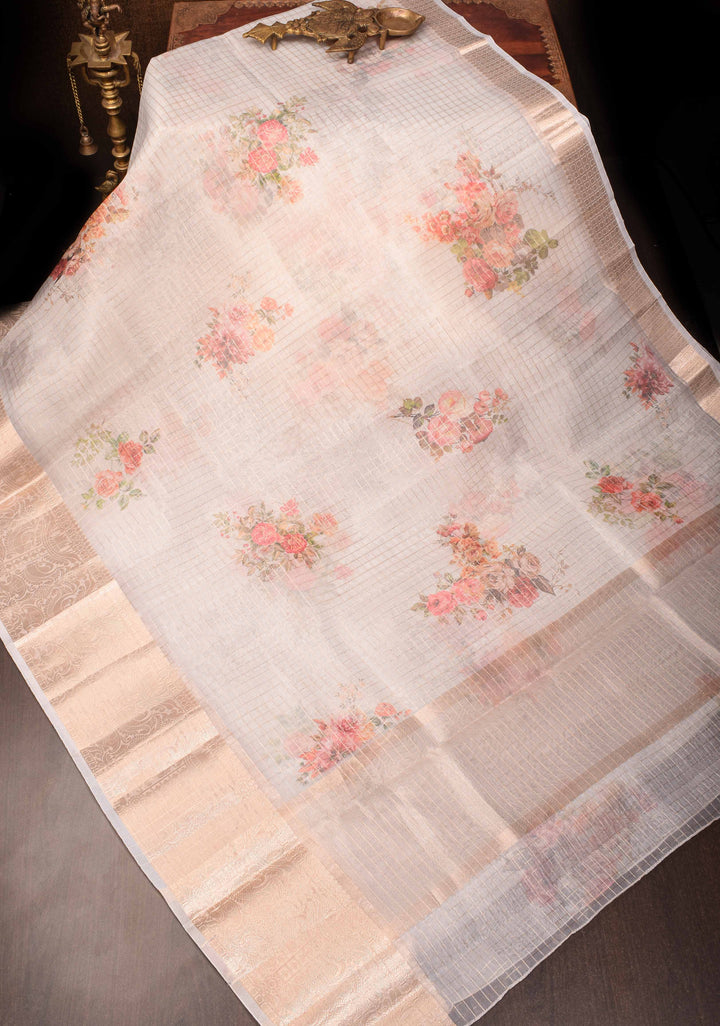 Checks Pure Organza Silk Saree in Gray with Floral Digital Print and Zari Border | SILK MARK CERTIFIED
