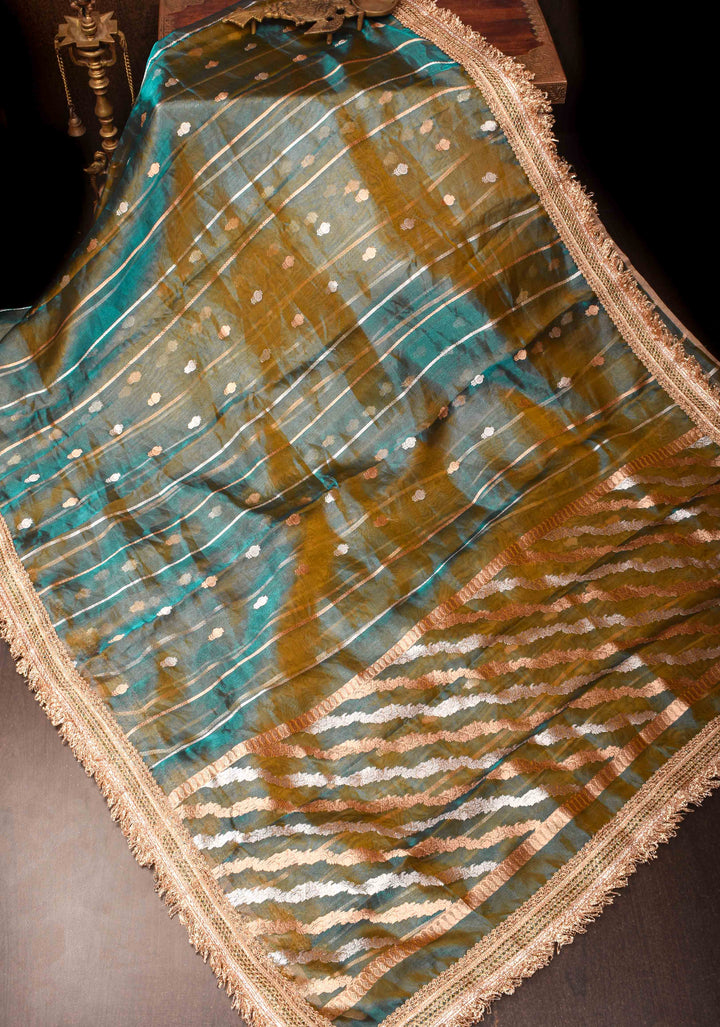 Green Dual Tone Organza Silk Saree with Sona Rupa Zari Buttas and Lace Trim Border| SILK MARK CERTIFIED