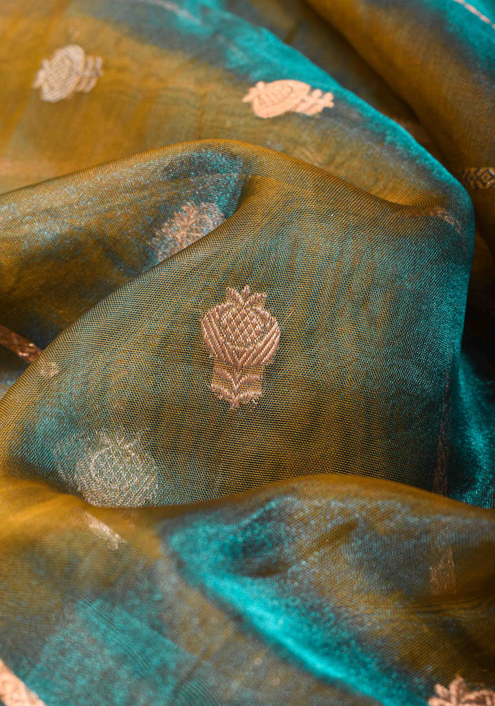 Green Dual Tone Organza Silk Saree with Sona Rupa Zari Buttas and Lace Trim Border| SILK MARK CERTIFIED