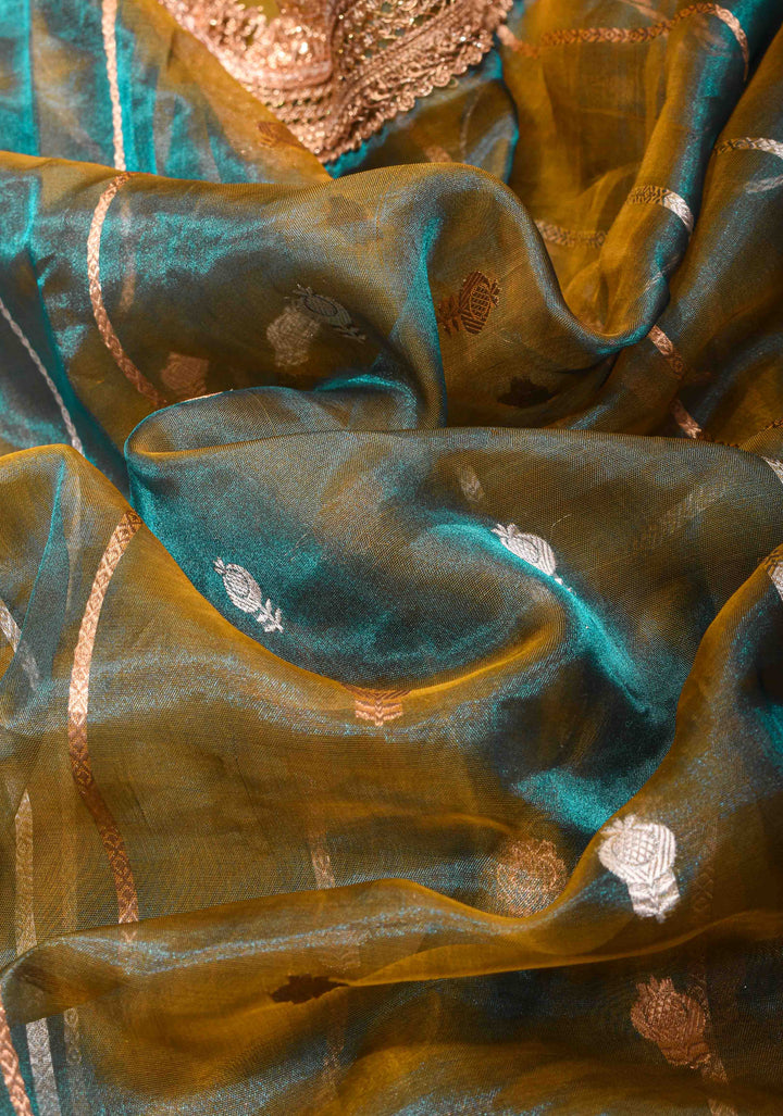 Green Dual Tone Organza Silk Saree with Sona Rupa Zari Buttas and Lace Trim Border| SILK MARK CERTIFIED