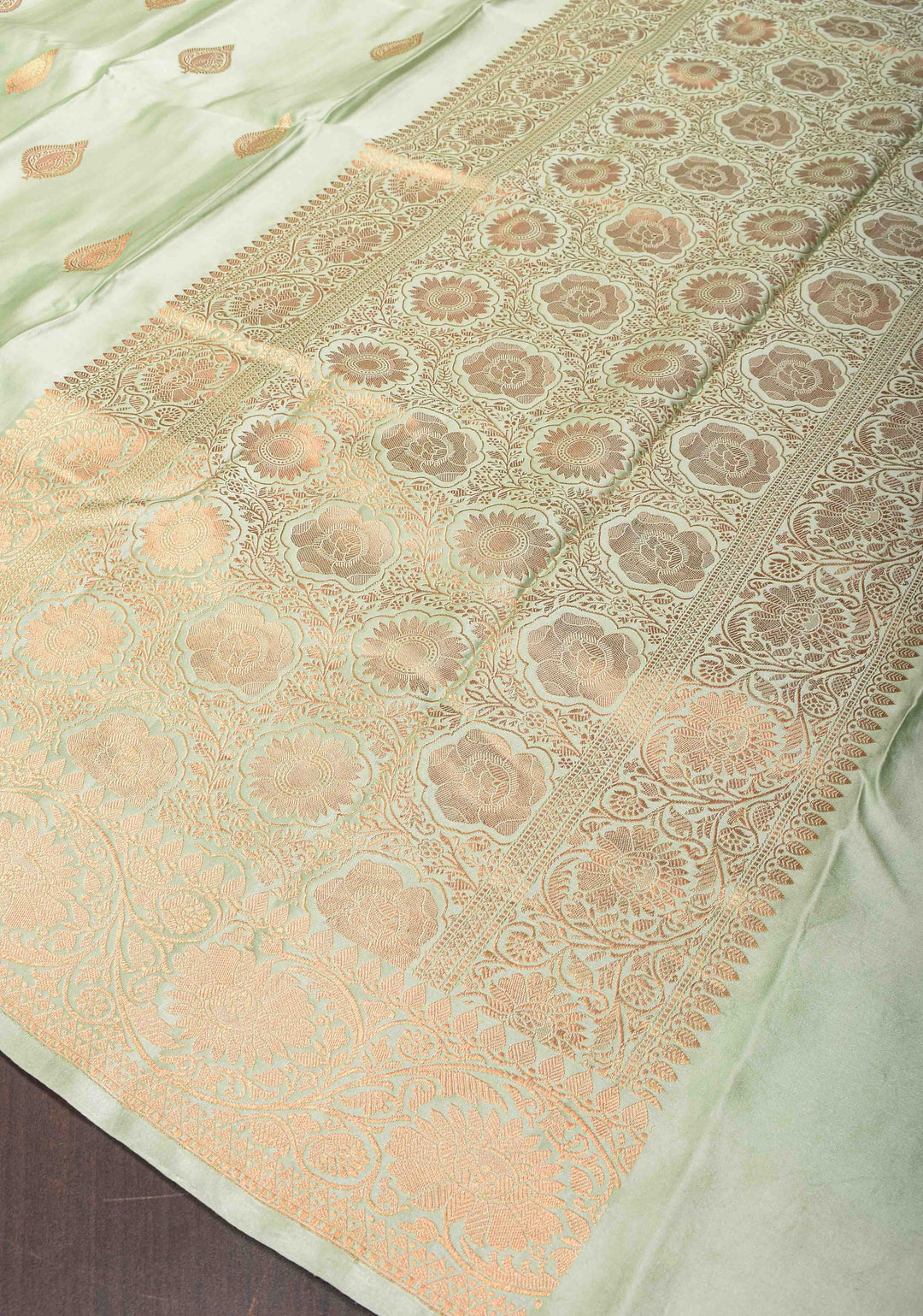 Pastel Green Banarasi Mashru Silk Saree with Damask Motif and Zari Border | SILK MARK CERTIFIED