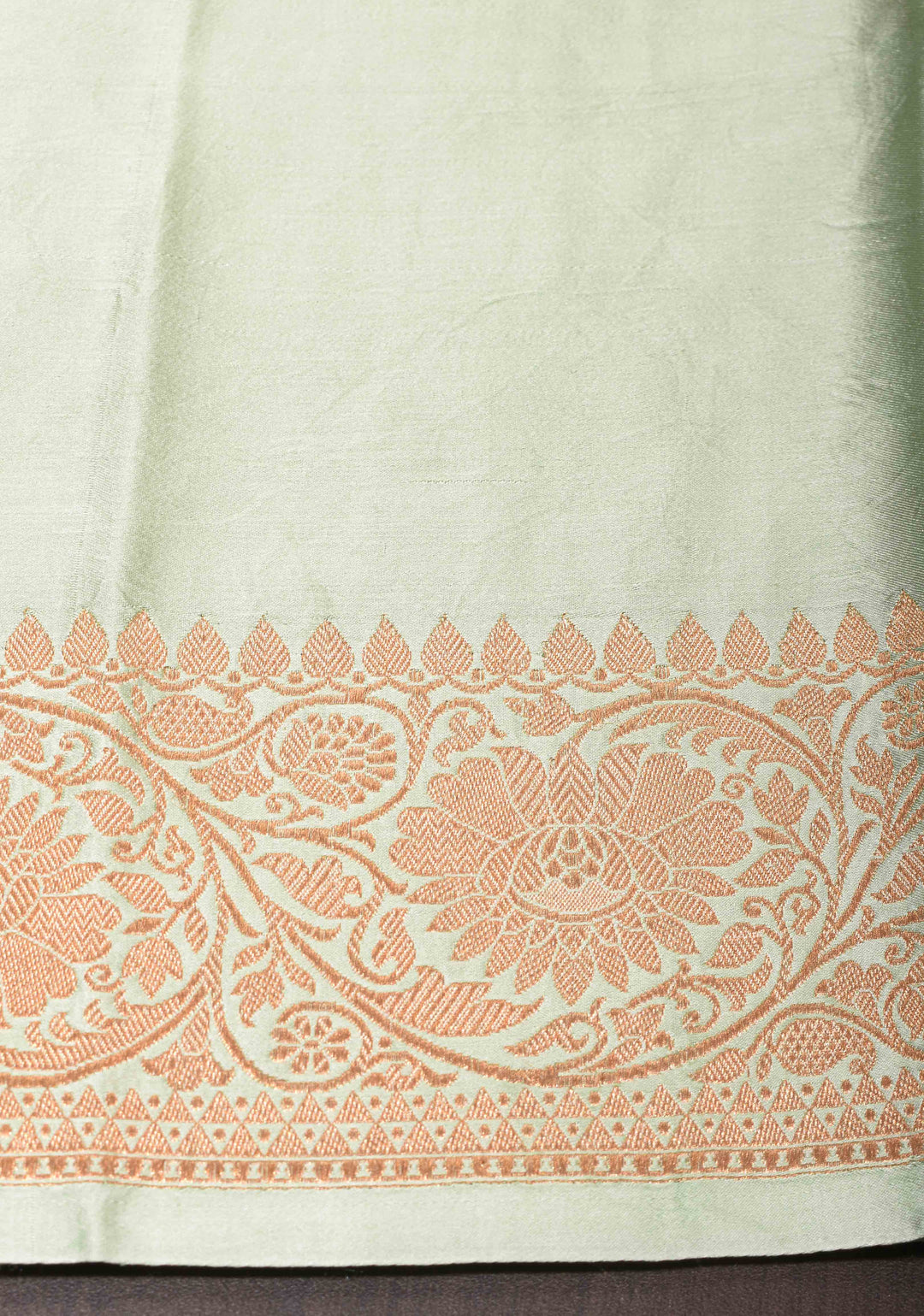 Pastel Green Banarasi Mashru Silk Saree with Damask Motif and Zari Border | SILK MARK CERTIFIED