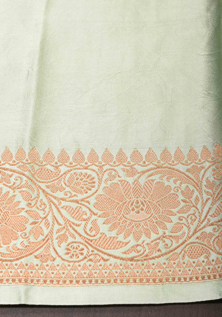 Pastel Green Banarasi Mashru Silk Saree with Damask Motif and Zari Border | SILK MARK CERTIFIED