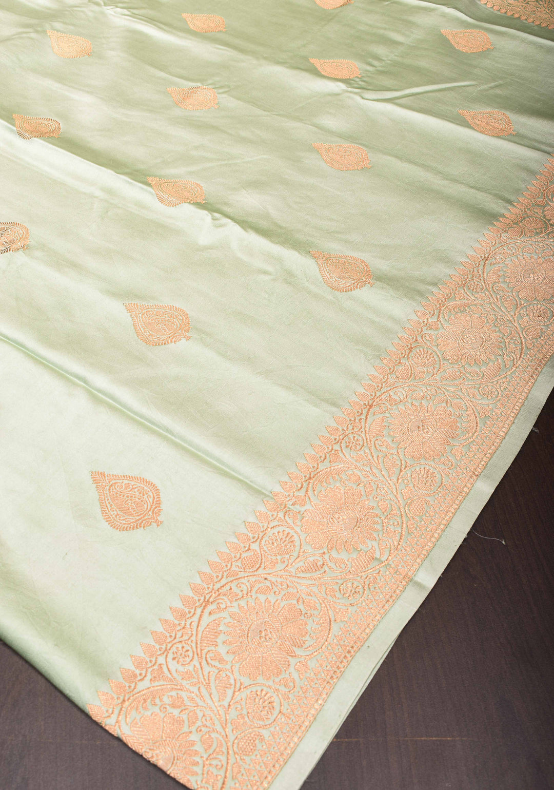 Pastel Green Banarasi Mashru Silk Saree with Damask Motif and Zari Border | SILK MARK CERTIFIED