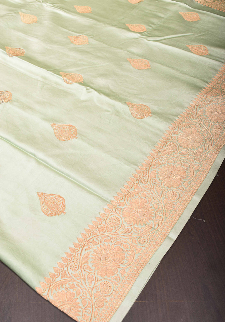 Pastel Green Banarasi Mashru Silk Saree with Damask Motif and Zari Border | SILK MARK CERTIFIED