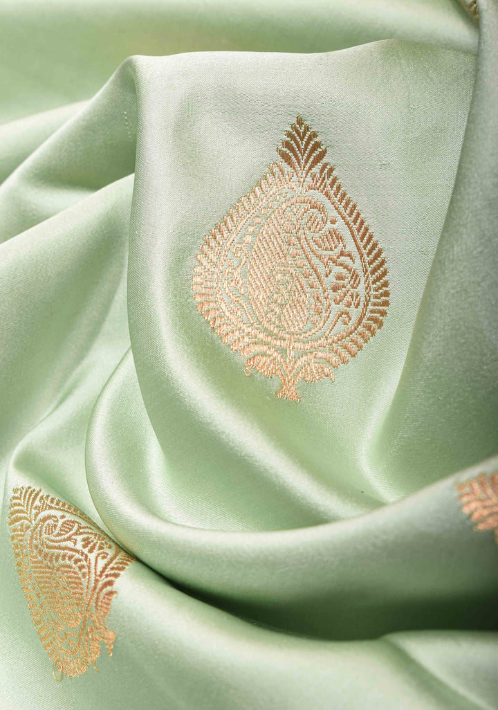 Pastel Green Banarasi Mashru Silk Saree with Damask Motif and Zari Border | SILK MARK CERTIFIED