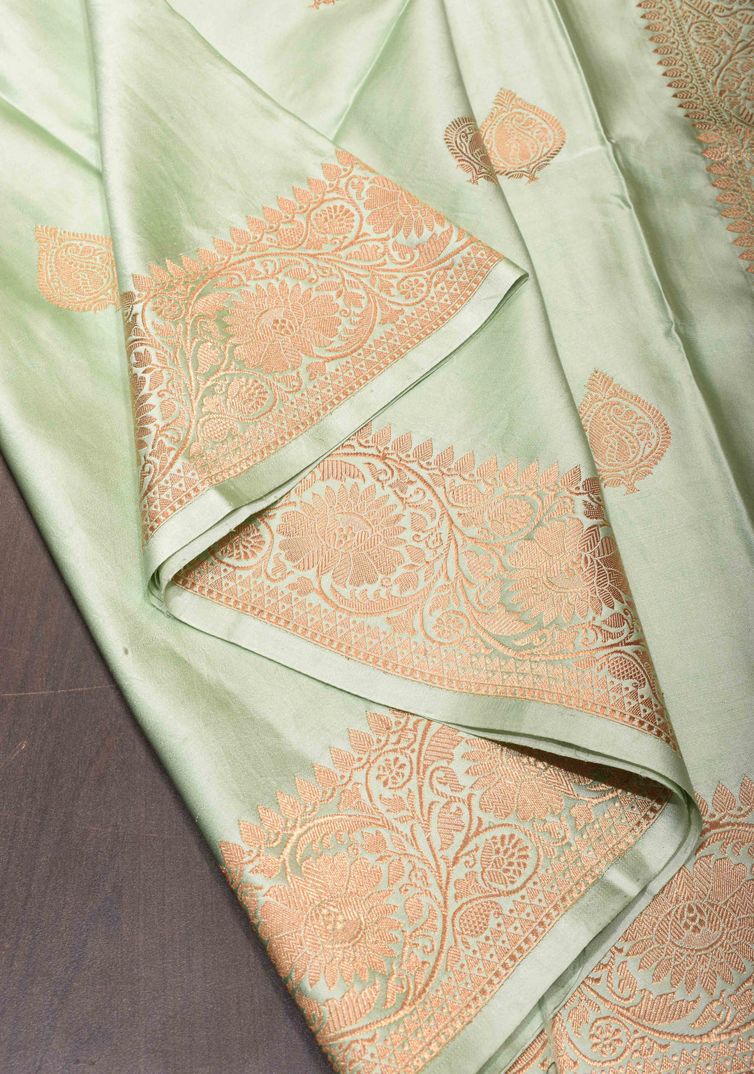 Pastel Green Banarasi Mashru Silk Saree with Damask Motif and Zari Border | SILK MARK CERTIFIED