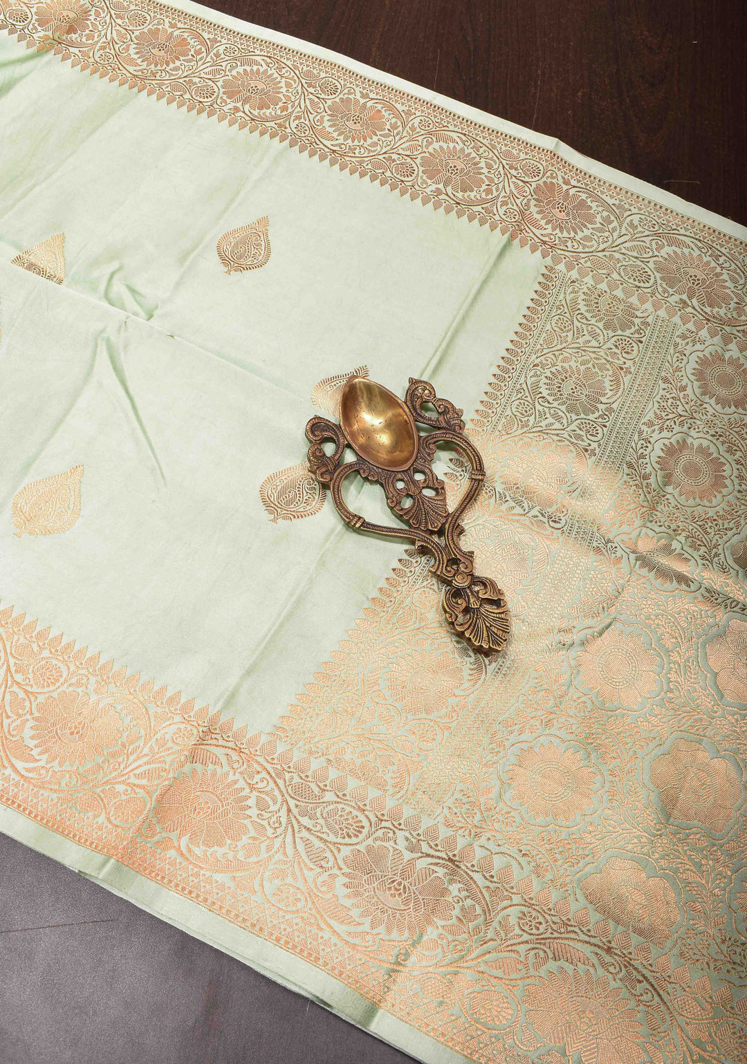 Pastel Green Banarasi Mashru Silk Saree with Damask Motif and Zari Border | SILK MARK CERTIFIED