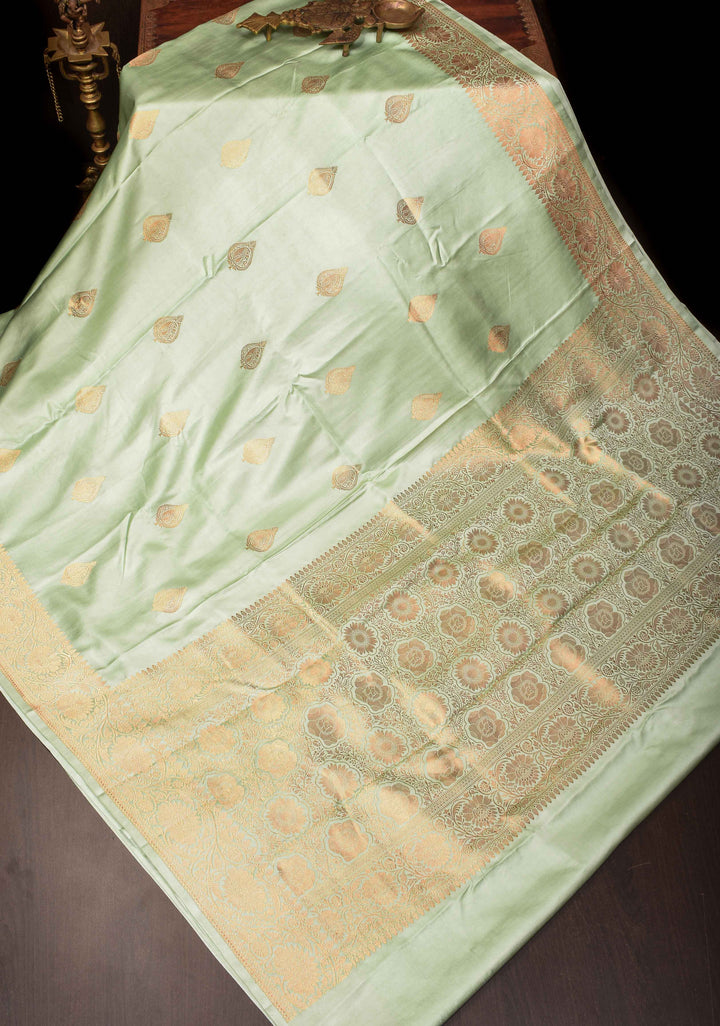 Pastel Green Banarasi Mashru Silk Saree with Damask Motif and Zari Border | SILK MARK CERTIFIED