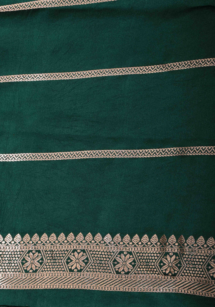 Exquisite Bottle Green Banarasi Mashru Silk Saree with Floral Buttas and zari Border | SILK MARK CERTIFIED