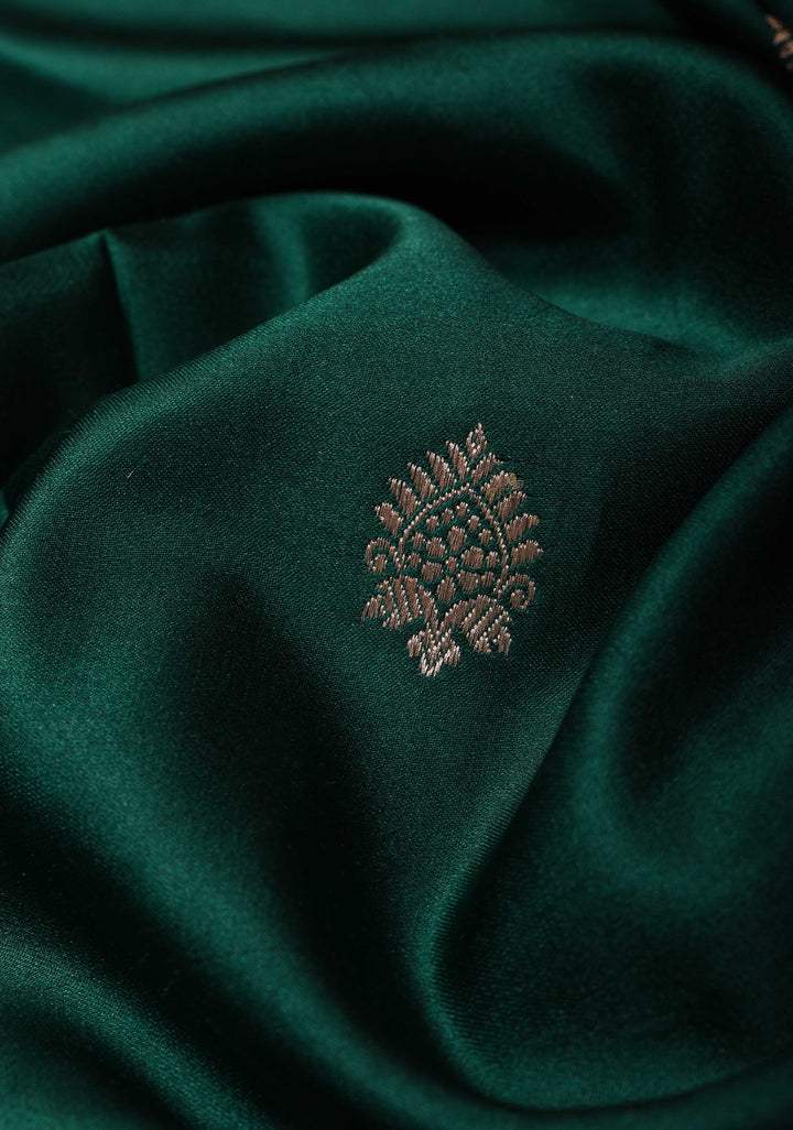 Exquisite Bottle Green Banarasi Mashru Silk Saree with Floral Buttas and zari Border | SILK MARK CERTIFIED