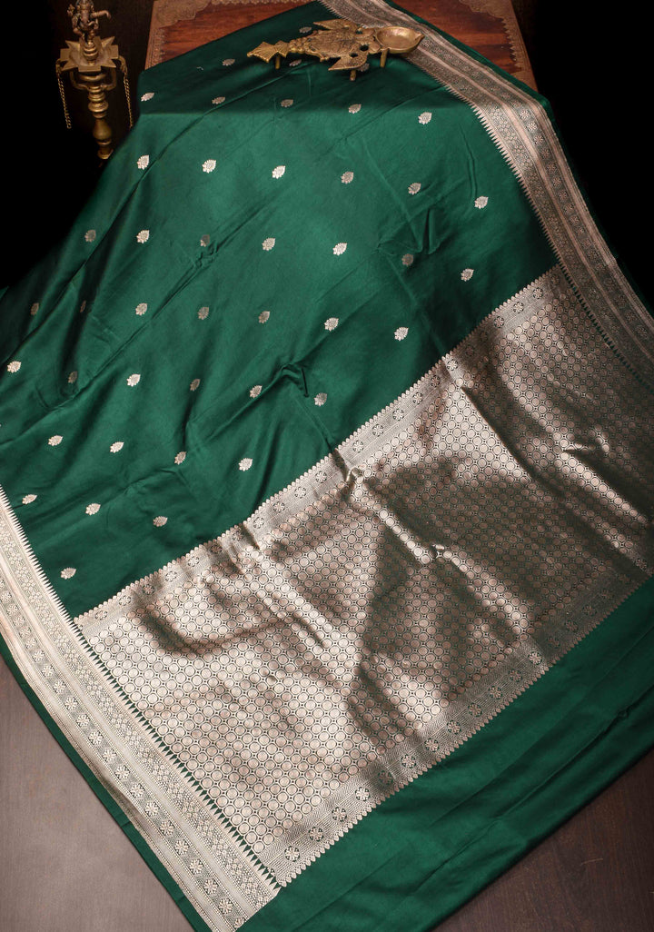 Exquisite Bottle Green Banarasi Mashru Silk Saree with Floral Buttas and zari Border | SILK MARK CERTIFIED