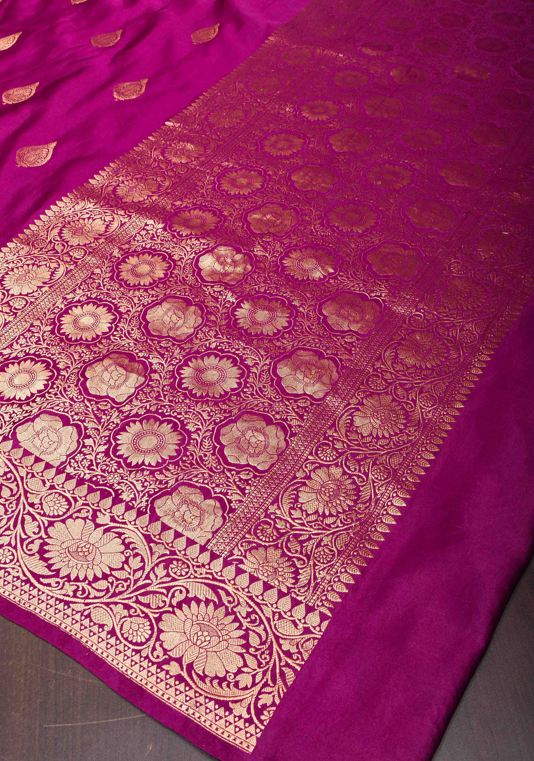Exquisite Magenta Banarasi Mashru Silk Saree with Damask Buttas and Minimalistic Resham Kadhuwa  Border | SILK MARK CERTIFIED