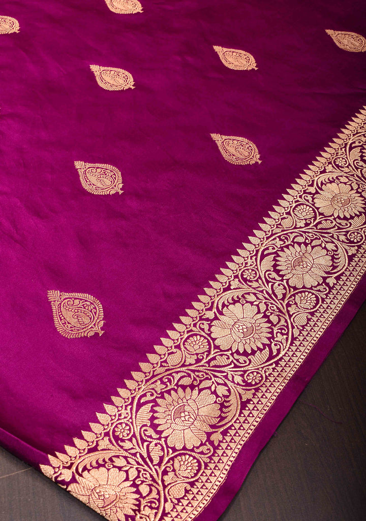 Exquisite Magenta Banarasi Mashru Silk Saree with Damask Buttas and Minimalistic Resham Kadhuwa  Border | SILK MARK CERTIFIED