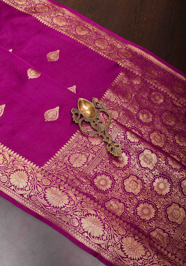 Exquisite Magenta Banarasi Mashru Silk Saree with Damask Buttas and Minimalistic Resham Kadhuwa  Border | SILK MARK CERTIFIED