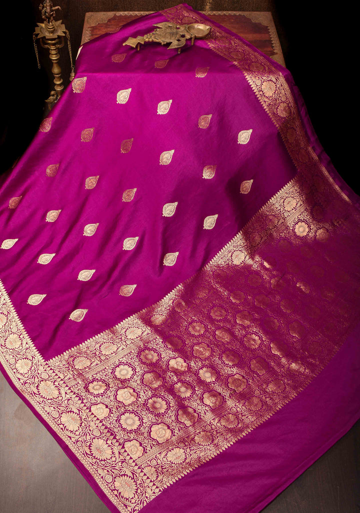 Exquisite Magenta Banarasi Mashru Silk Saree with Damask Buttas and Minimalistic Resham Kadhuwa  Border | SILK MARK CERTIFIED