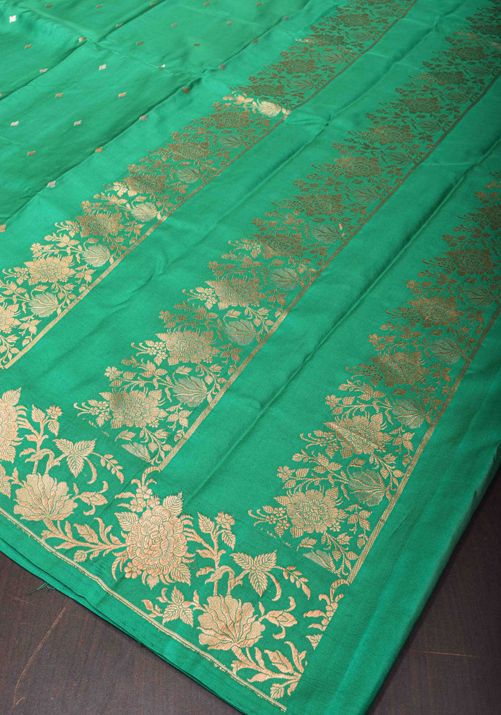 Exquisite Sea Green Banarasi Mashru Silk Saree with Sona Rupa Buttis and Zari Border | SILK MARK CERTIFIED