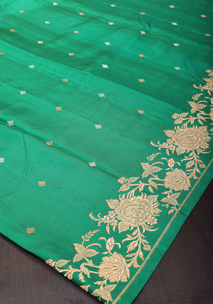 Exquisite Sea Green Banarasi Mashru Silk Saree with Sona Rupa Buttis and Zari Border | SILK MARK CERTIFIED