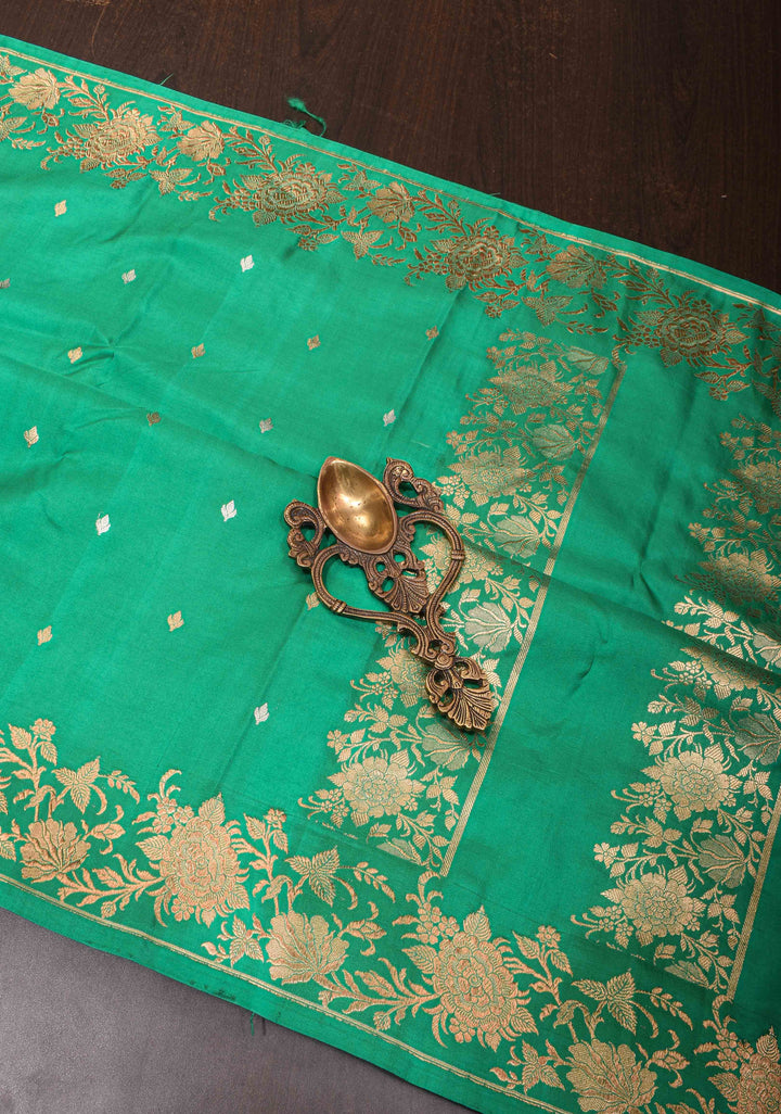 Exquisite Sea Green Banarasi Mashru Silk Saree with Sona Rupa Buttis and Zari Border | SILK MARK CERTIFIED