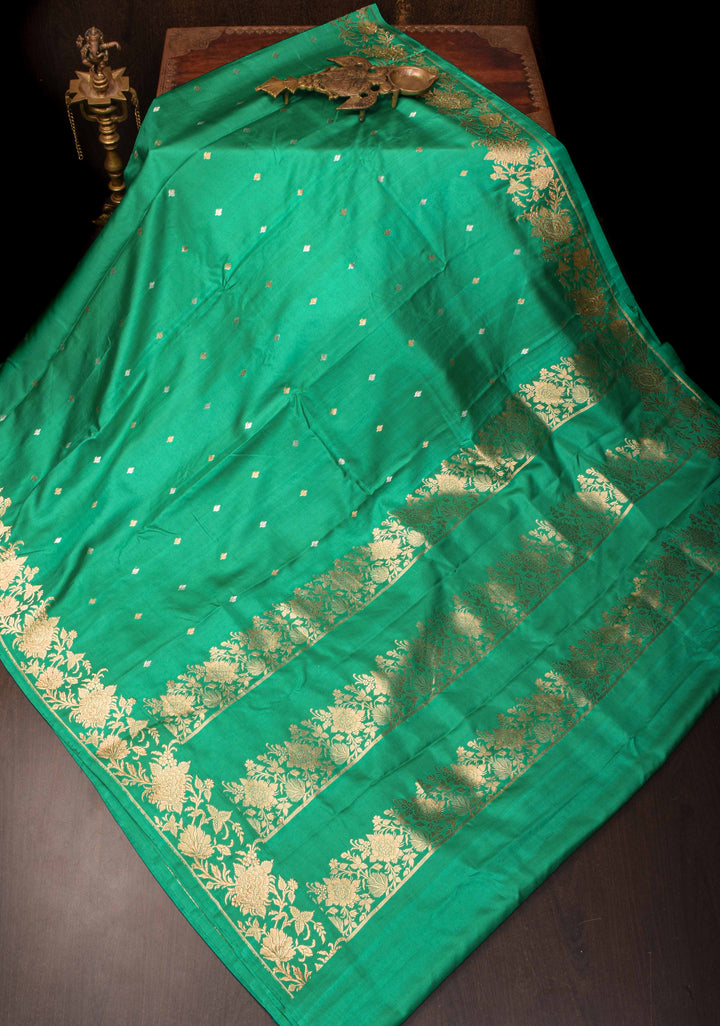Exquisite Sea Green Banarasi Mashru Silk Saree with Sona Rupa Buttis and Zari Border | SILK MARK CERTIFIED