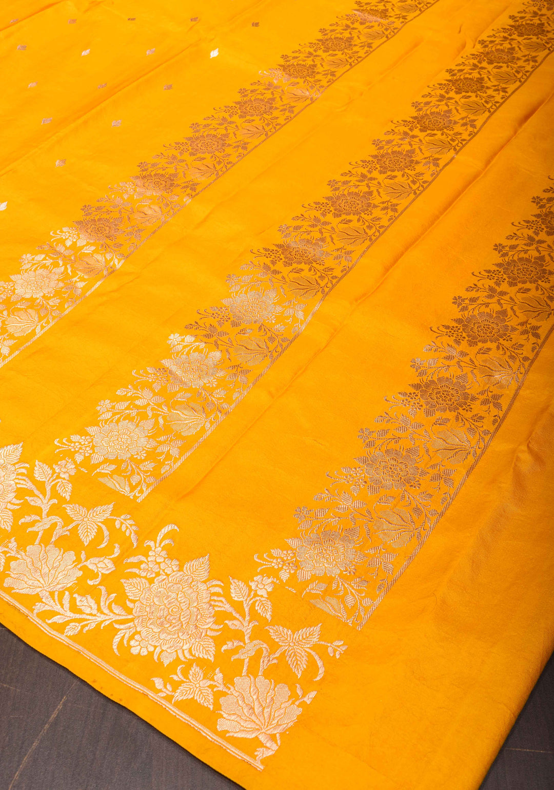Exquisite Mango Yellow Banarasi Mashru Silk Saree with Dainty Buttas and Zari Border | SILK MARK CERTIFIED