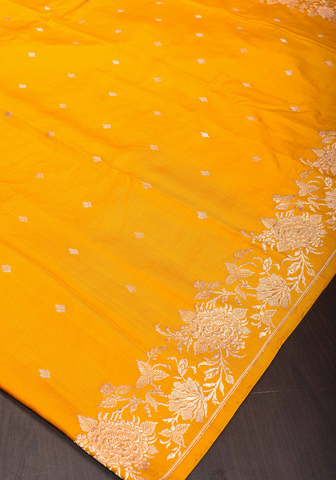 Exquisite Mango Yellow Banarasi Mashru Silk Saree with Dainty Buttas and Zari Border | SILK MARK CERTIFIED