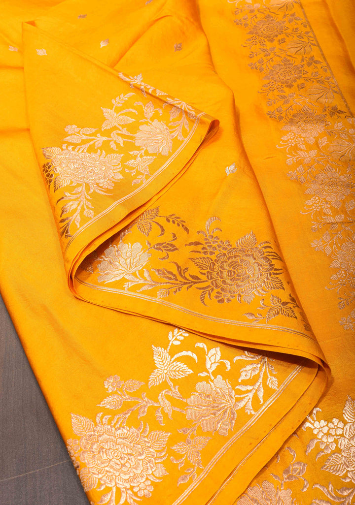 Exquisite Mango Yellow Banarasi Mashru Silk Saree with Dainty Buttas and Zari Border | SILK MARK CERTIFIED