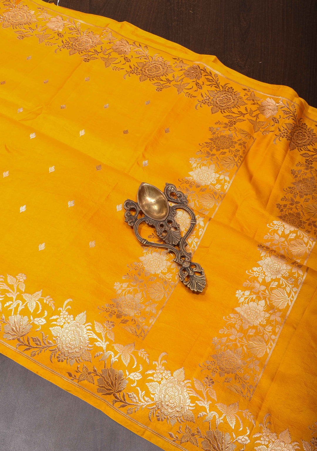 Exquisite Mango Yellow Banarasi Mashru Silk Saree with Dainty Buttas and Zari Border | SILK MARK CERTIFIED