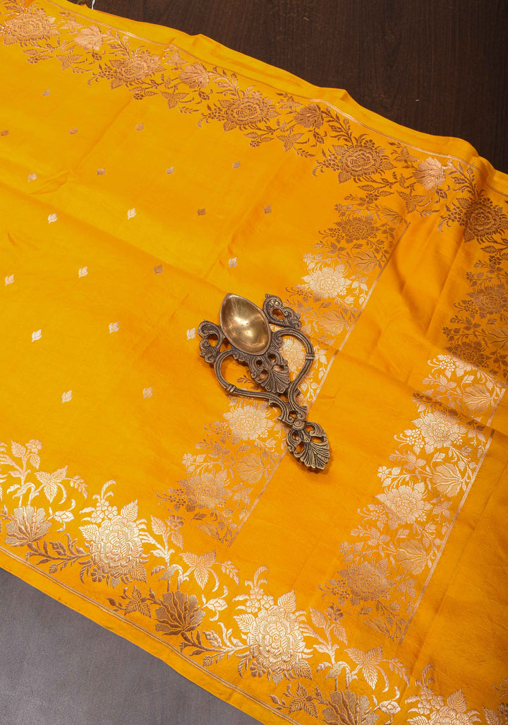 Exquisite Mango Yellow Banarasi Mashru Silk Saree with Dainty Buttas and Zari Border | SILK MARK CERTIFIED