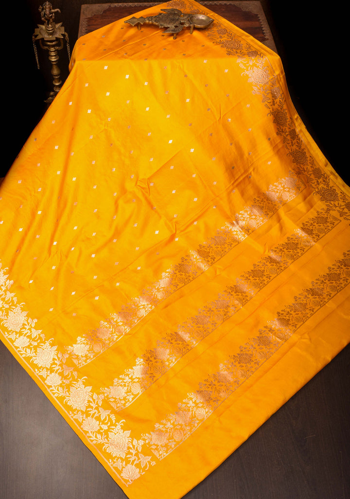 Exquisite Mango Yellow Banarasi Mashru Silk Saree with Dainty Buttas and Zari Border | SILK MARK CERTIFIED