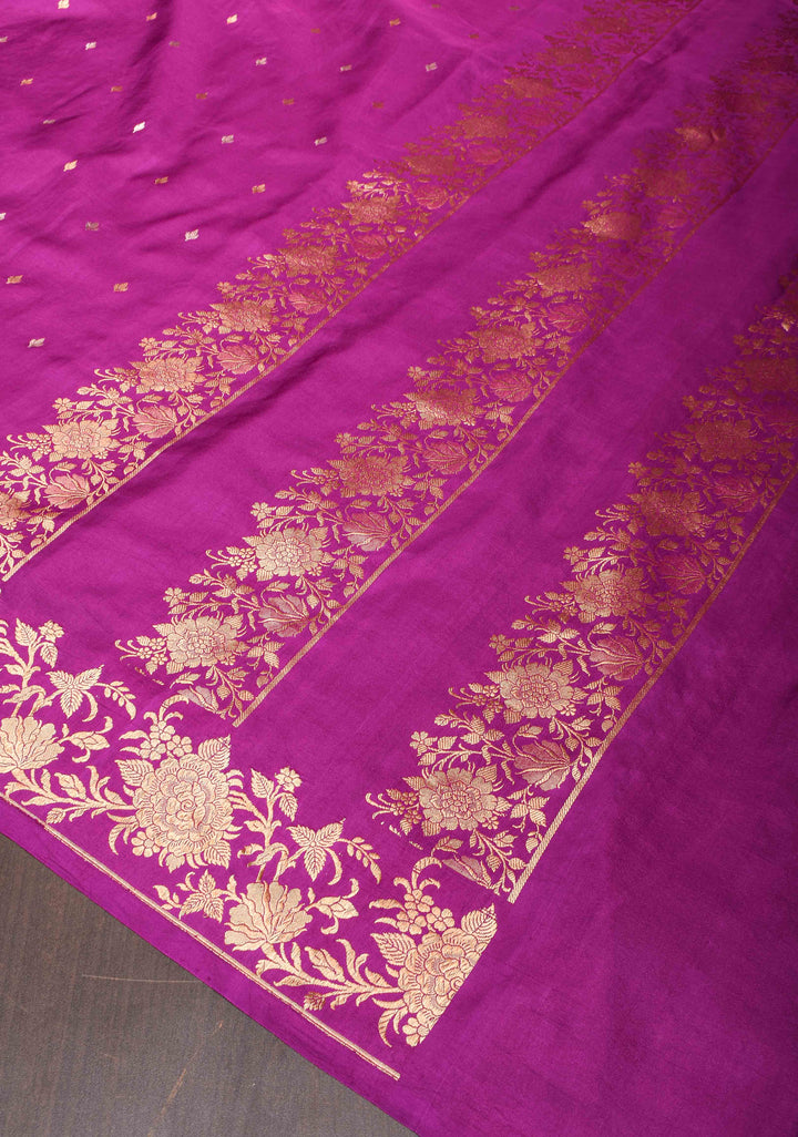 Royal Fuchsia Banarasi Mashru Silk Saree with Sona Rupa Buttis and Zari Border | SILK MARK CERTIFIED
