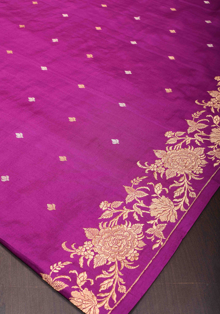 Royal Fuchsia Banarasi Mashru Silk Saree with Sona Rupa Buttis and Zari Border | SILK MARK CERTIFIED