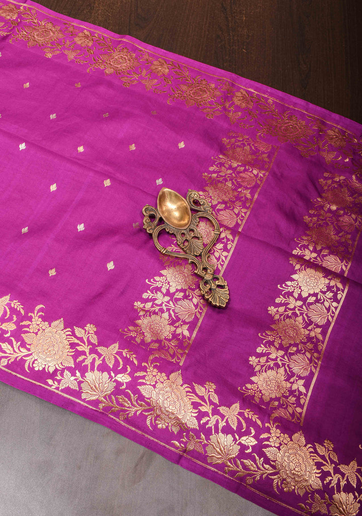 Royal Fuchsia Banarasi Mashru Silk Saree with Sona Rupa Buttis and Zari Border | SILK MARK CERTIFIED