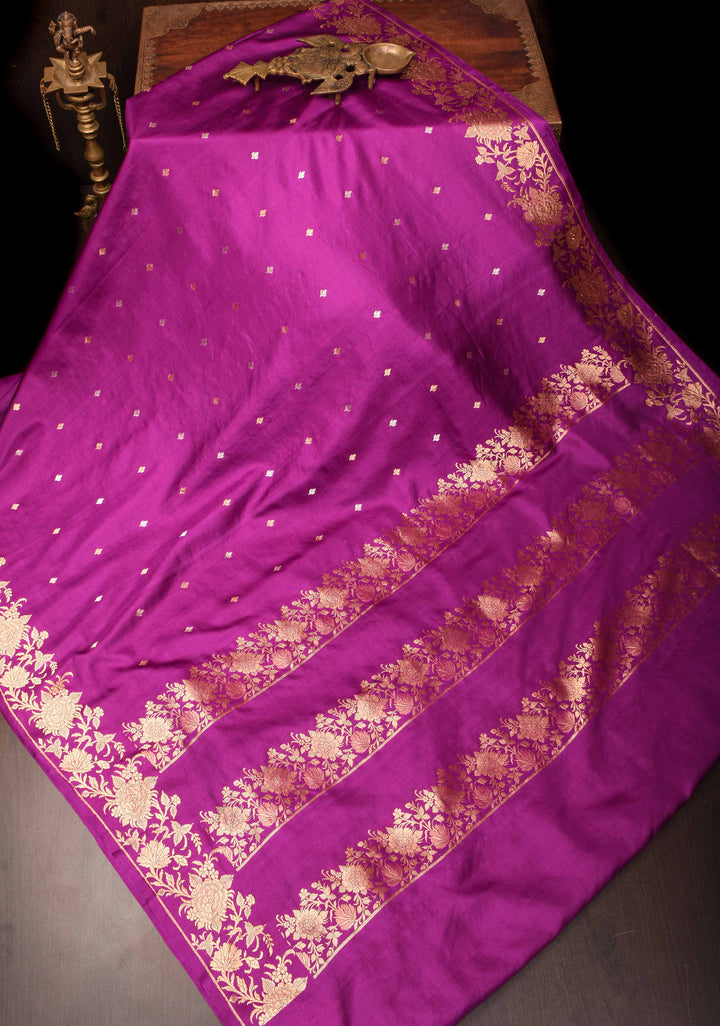 Royal Fuchsia Banarasi Mashru Silk Saree with Sona Rupa Buttis and Zari Border | SILK MARK CERTIFIED