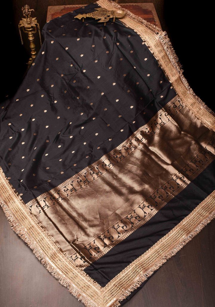 Banarasi Katan Silk Saree in Black with Zari Motifs and Lace Trim Border | SILK MARK CERTIFIED | SHOBITAM