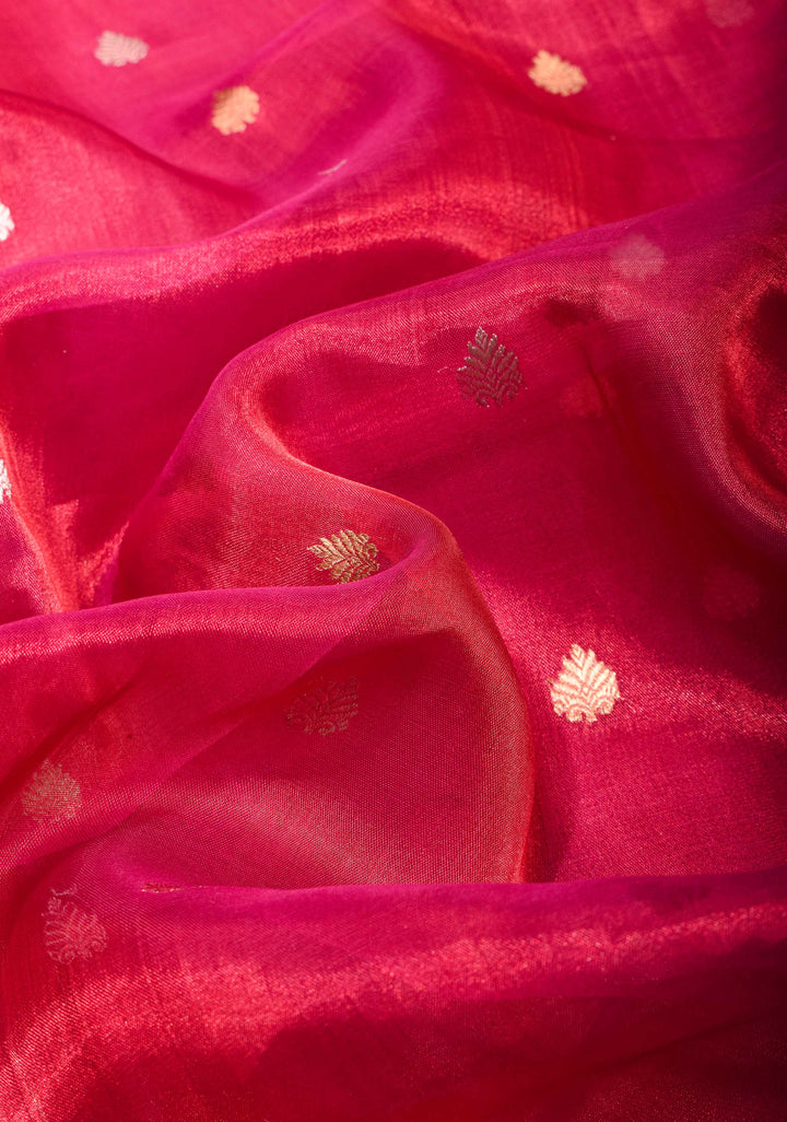 Pinkish Red Banarasi Tissue Handloom Saree with Sona Rupa Buttas and Fancy Lace Border | SILK MARK CERTIFIED