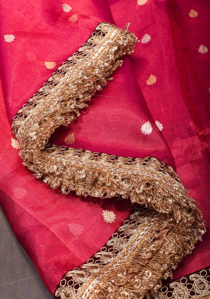 Pinkish Red Banarasi Tissue Handloom Saree with Sona Rupa Buttas and Fancy Lace Border | SILK MARK CERTIFIED