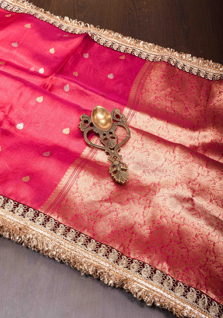 Pinkish Red Banarasi Tissue Handloom Saree with Sona Rupa Buttas and Fancy Lace Border | SILK MARK CERTIFIED