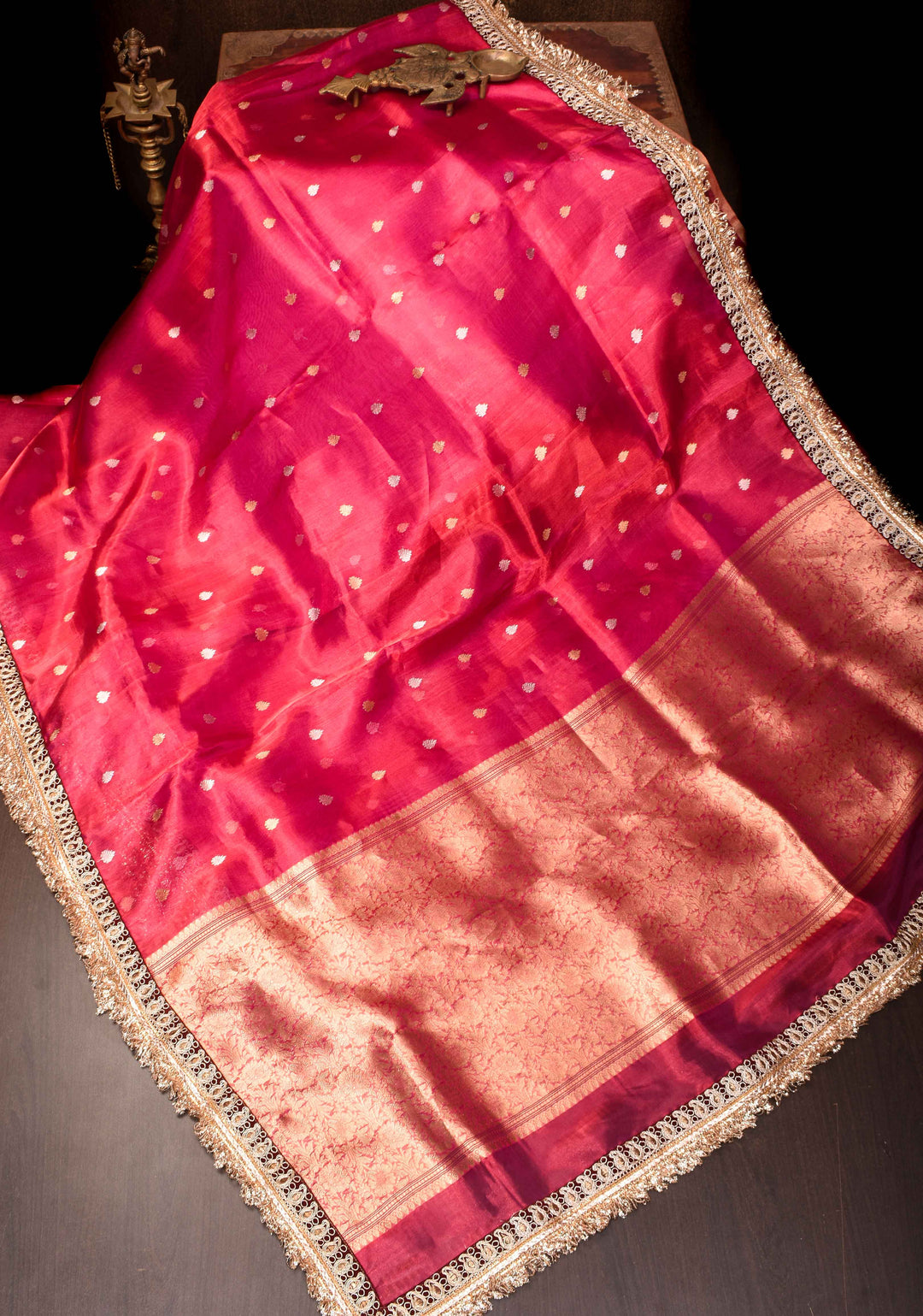 Pinkish Red Banarasi Tissue Handloom Saree with Sona Rupa Buttas and Fancy Lace Border | SILK MARK CERTIFIED