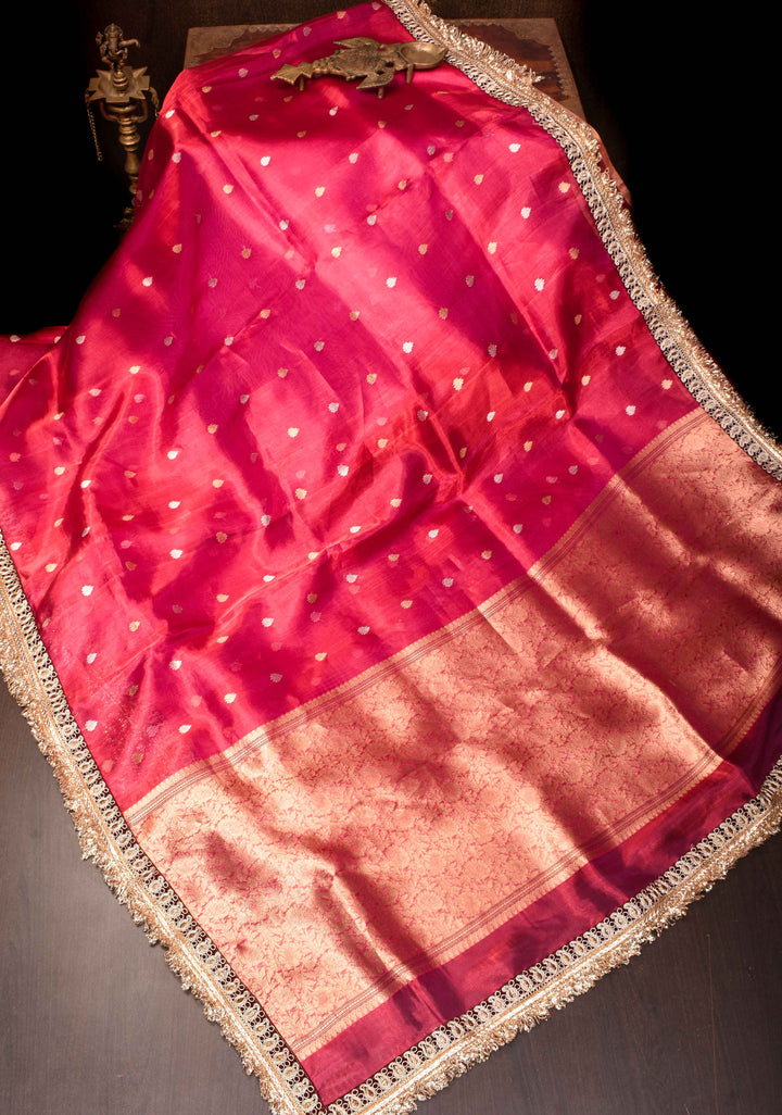Pinkish Red Banarasi Tissue Handloom Saree with Sona Rupa Buttas and Fancy Lace Border | SILK MARK CERTIFIED