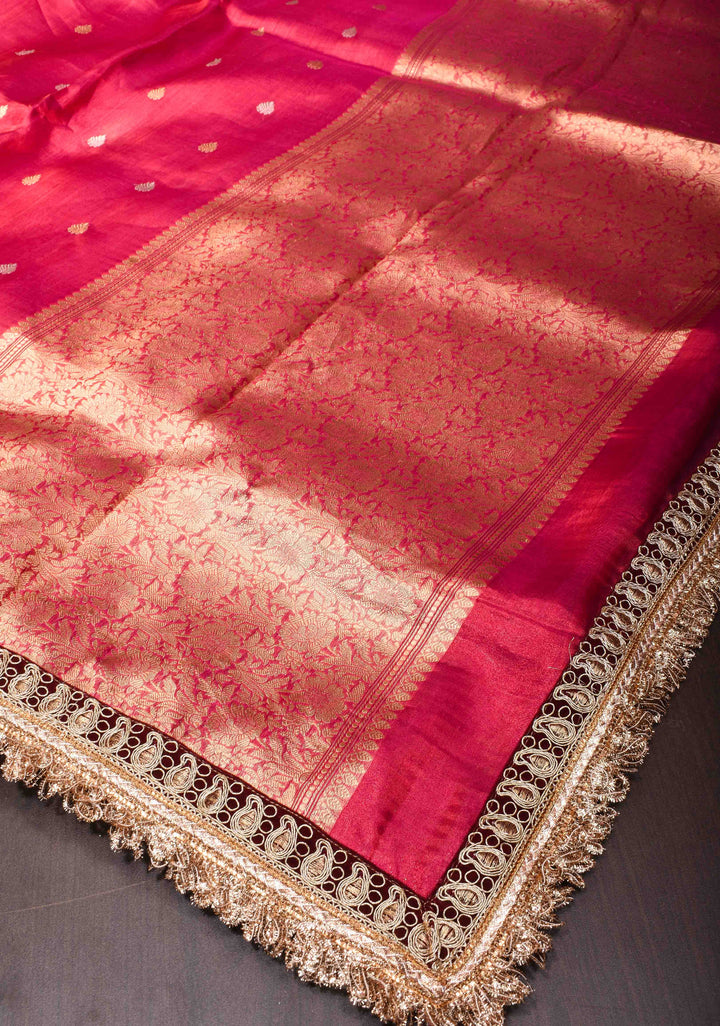 Pinkish Red Banarasi Tissue Handloom Saree with Sona Rupa Buttas and Fancy Lace Border | SILK MARK CERTIFIED