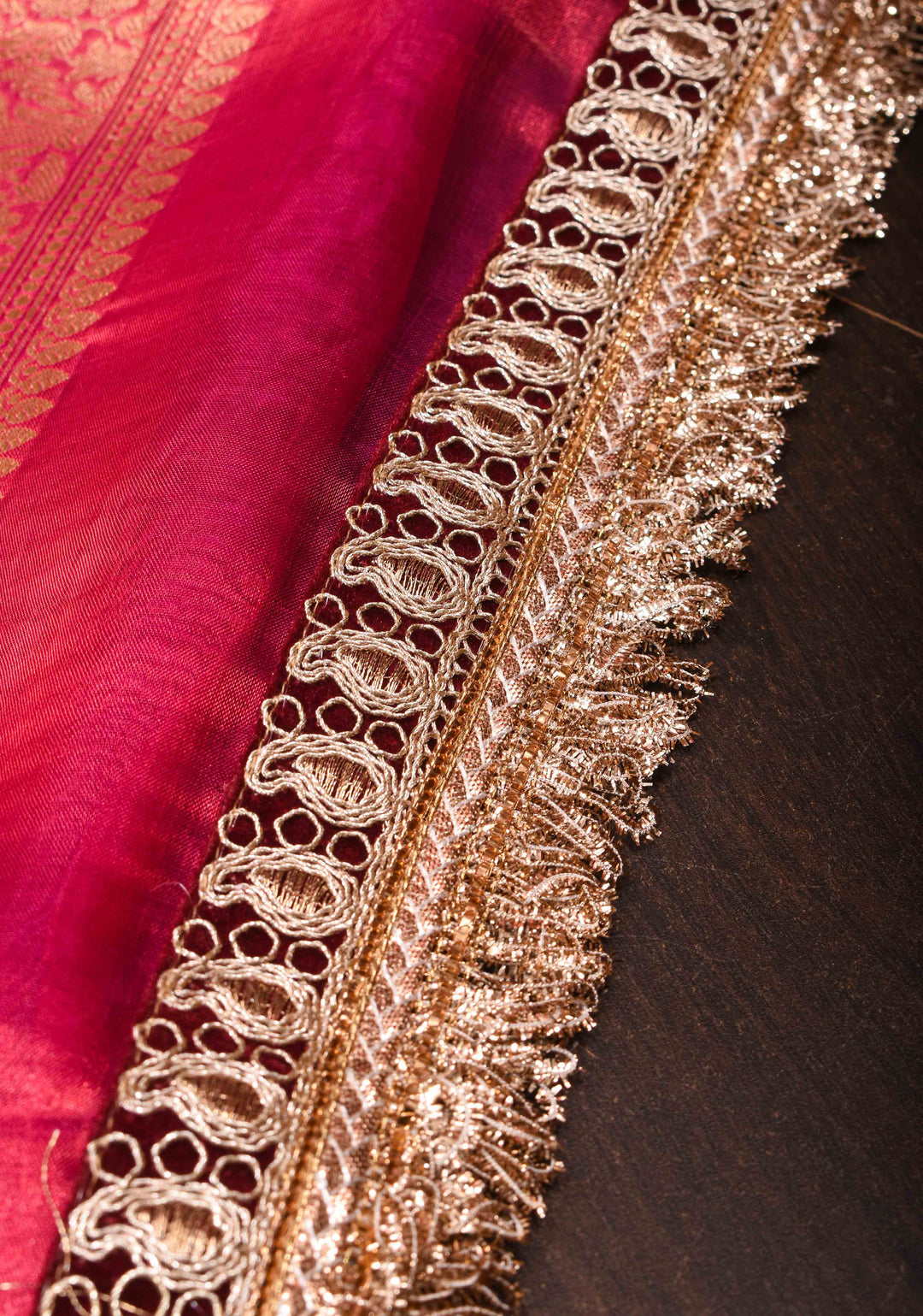 Pinkish Red Banarasi Tissue Handloom Saree with Sona Rupa Buttas and Fancy Lace Border | SILK MARK CERTIFIED