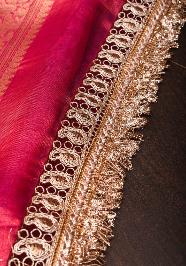 Pinkish Red Banarasi Tissue Handloom Saree with Sona Rupa Buttas and Fancy Lace Border | SILK MARK CERTIFIED